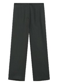 Black wide-leg trousers made of textured fabric, featuring a high waist and clean front pleats, with no visible pockets or embellishments.