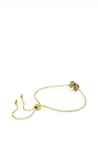 Bracciale in oro con chiusura a pallina scorrevole. Presenta una chiusura decorativa con accenti neri e verdi, mantenendo un design elegante.