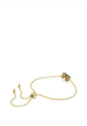 Goldene Kettenarmband mit einem verstellbaren Perlenverschluss. Verfügt über einen dekorativen Verschluss mit schwarzen und grünen Akzenten und bewahrt ein schlankes Design.