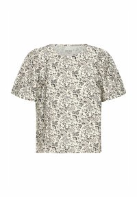 Bluse mit floralem Muster in Cremefarbe, kurzen Puffärmeln, Rundhalsausschnitt und lockerer Passform. Der Stoff zeichnet sich durch detaillierte, mehrfarbige botanische Drucke aus.