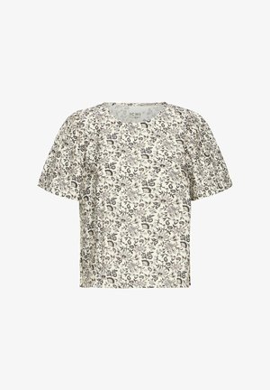 Bluza s cvetnim vzorcem v kremni barvi s kratkimi napihnjenimi rokavi, okroglim ovratnikom in ohlapnim krojem. Tkanina vsebuje podrobne, večbarvne botanične odtise.