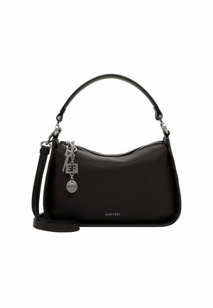 Black leather handbag with a pebbled texture, zip closure, and dual straps. Features decorative silver hardware and a logo.