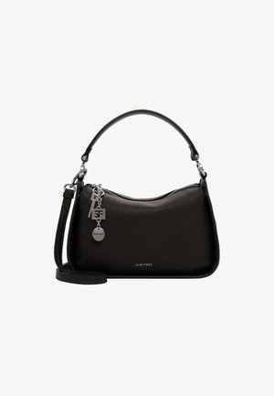 Borsa a tracolla in pelle nera con texture a ciottoli, chiusura con zip e doppio manico. Presenta hardware decorativo in argento e un logo.