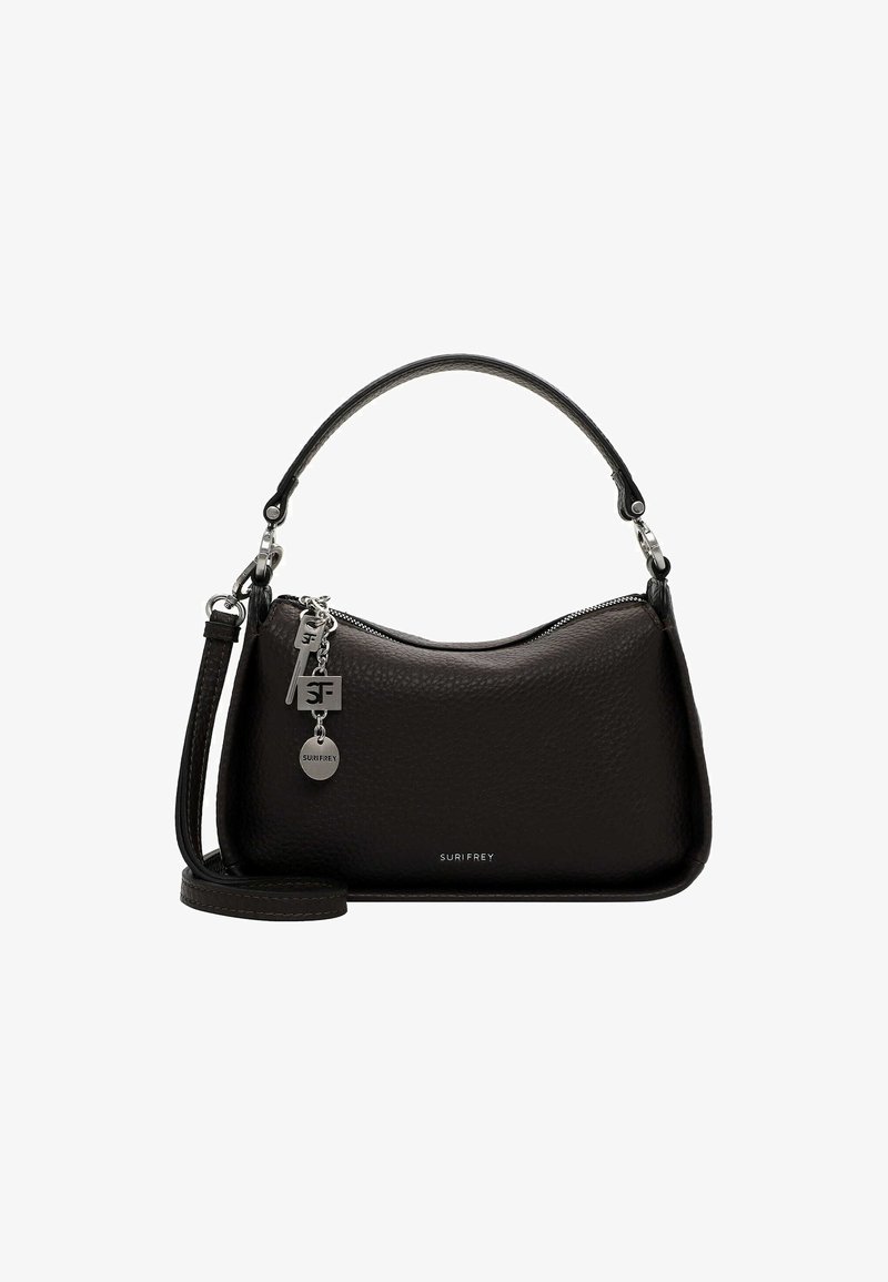 Czarna skórzana torebka o fakturze saksońskiej, z zamkiem błyskawicznym i podwójnymi ramiączkami. Posiada ozdobne srebrne elementy oraz logo.