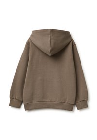 Sudadera con capucha marrón de tela texturizada, con puños y dobladillo acanalados. Presenta una silueta clásica y un diseño de espalda completa.