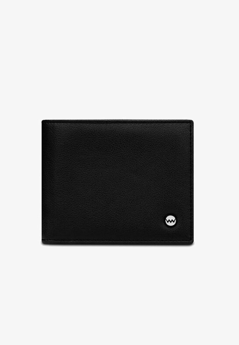 Black leather wallet featuring a textured finish, bi-fold design, and a white logo accent on the bottom right corner.