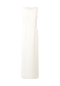 Lungo abito bianco senza maniche con scollo rotondo, silhouette aderente e tessuto morbido. Presenta una chiusura con zip sul retro.