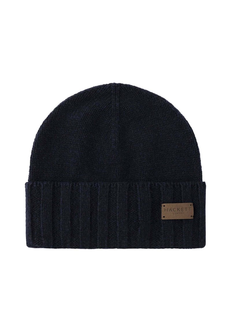 Dark navy knitted beanie with a folded ribbed cuff and a small brown Hackett London logo patch on the cuff.