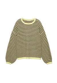 Prúhovaný sveter v žltej a tmavohnedej farbe, s okrúhlym výstrihom, voľným strihom a dlhými rukávmi s rebrovanými manžetami. Mäkka textúra.