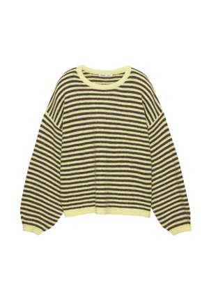 Sweter w paski w kolorach żółtym i ciemnobrązowym, okrągły dekolt, luźny krój oraz długie rękawy z ściągaczami. Minkota materiału.