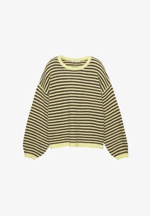 Prúhovaný sveter v žltej a tmavohnedej farbe, s okrúhlym výstrihom, voľným strihom a dlhými rukávmi s rebrovanými manžetami. Mäkka textúra.