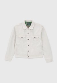 Off-white denimjakke med knaplukning fortil, to brystlommer med klap og knapper samt sidelommer, krave og lange ærmer.