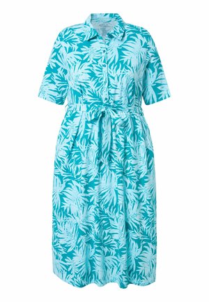 Türkis- und hellblaues, kurzärmeliges, knöpfbares Kleid mit Kragen, Taillengürtel und tropischem Blattmuster.