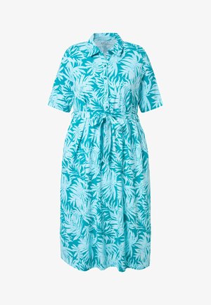 Turquoise en lichtblauwe jurk met korte mouwen, knoopsluiting, kraag, taillekoord en tropisch bladprintpatroon.