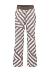 Pantalons évasés bruns et blancs à motifs avec une large ceinture élastique et un design à rayures diagonales. Fabriqués dans un tissu lisse et extensible.