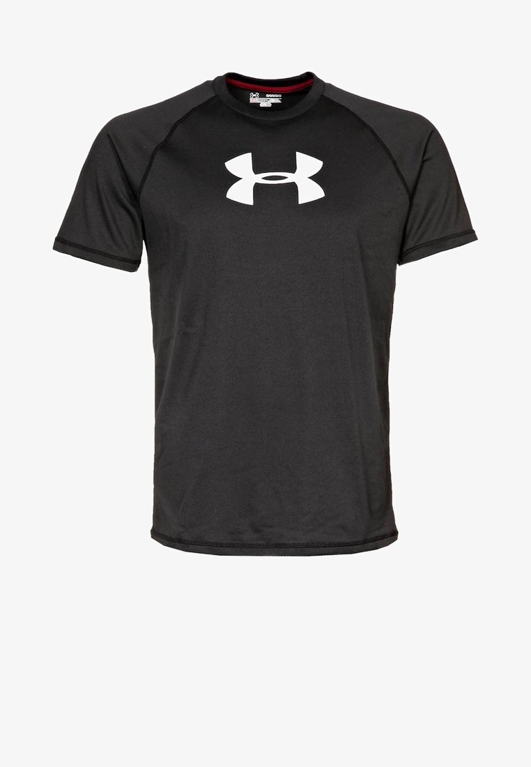 Schwarzes, kurzärmeliges Sport-T-Shirt aus glattem Stoff, mit weißem Logo auf der Vorderseite, kontrastierenden Nähten und rundem Ausschnitt.