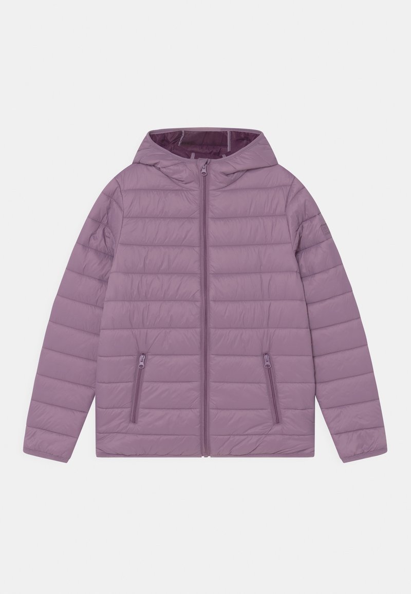 Doudoune mauve clair avec capuche, dotée d'une fermeture éclair à l'avant, de deux poches latérales zippées et de coutures horizontales décoratives.