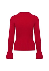 Maglione a coste rosso con maniche lunghe, polsini svasati e dettaglio in vita peplum. Texture liscia con una silhouette aderente.