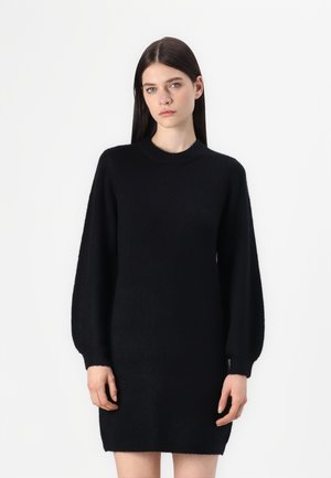 Black knitted dress with a round neckline, long balloon sleeves, and a relaxed fit. Material appears soft, with a slightly textured surface.