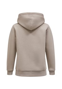 Beige, huva sweatshirt gjord av mjukt material. Har ribbstickade muddar och fåll. Bakifrån visas minimal sömnad och en ren design.