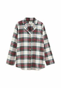 Long-sleeve button-up shirt with blue, green, red, and white plaid pattern and a single chest pocket on a white background.