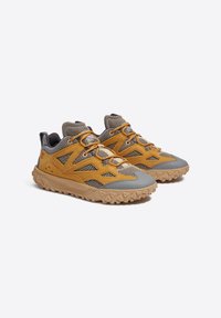 Zapatillas de trail con una parte superior de malla amarilla y gris, suela de goma con un agarre texturizado y talón acolchado, que presentan elementos de diseño contrastantes.