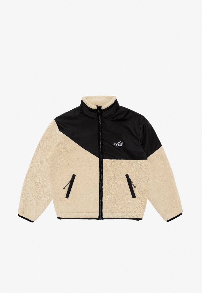 Beige og svart fleece-jakke med høy krage, glidelås foran og to glidelåslommer på sidene; har et diagonalt fargeblokkdesign.