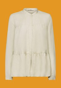 Camisa de manga larga color beige claro con cuello redondo, diseño de cintura fruncida y cierre de botones en el frente. Textura suave, con un detalle minimalista.