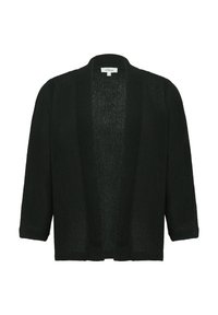 Zwarte gebreide cardigan met een ruime pasvorm, open voorkant en driekwartmouwen. Kenmerkt zich door een gestructureerde stof met een ribbelboord aan de halslijn en manchetten.