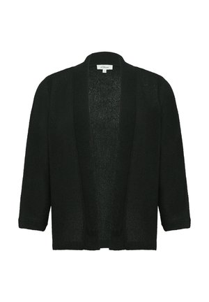Black knitted cardigan with a loose fit, open front, and three-quarter sleeves. Features a textured fabric with a ribbed neckline and cuffs.