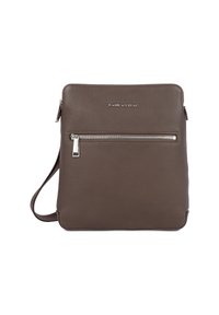 Borsa a tracolla in pelle marrone con superficie testurizzata, tasca frontale con zip, tracolla regolabile e branding discreto.