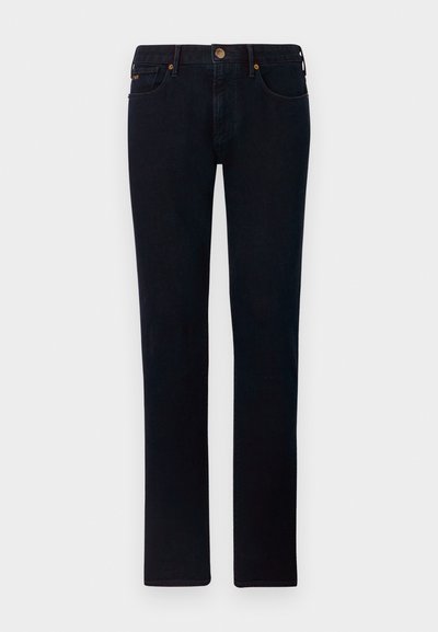 Dark blue denim jeans with a straight-leg cut, featuring a classic button closure, belt loops, and minimal stitching detail.