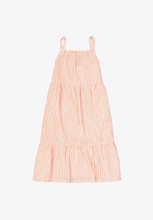 Robe bustier à étages avec des rayures verticales orange et blanches ; tissu léger avec une texture douce, présentant un corsage froncé.