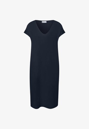 Navy blue knee-length dress with short sleeves and V-neck, featuring a simple, straight silhouette.
