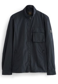 Donker marineblauw jack gemaakt van lichtgewicht stof. Voorzien van een ritssluiting aan de voorkant, een opstaande kraag en een borstzak. Verstelbare zijzakken inbegrepen.