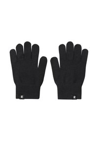 Czarne dziane rękawice z pięcioma palcami, ściągacze na nadgarstkach i małym logo na przegubie. Gładka tekstura i dopasowany krój zapewniają ciepło.