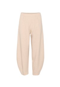 Pantaloni leggeri beige, dalla vestibilità ampia, realizzati in tessuto morbido. Presentano un elastico in vita e pieghe nella parte anteriore. Design con gamba accorciata e affusolata.