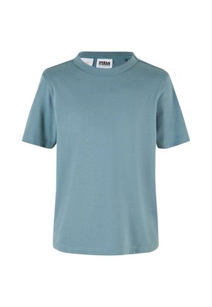 Krótki rękaw t-shirt z miękkiej, jasnoniebieskiej bawełny z okrągłym dekoltem i prostym wykończeniem dołu. Posiada minimalną liczbę szwów oraz metkę wewnątrz kołnierza.