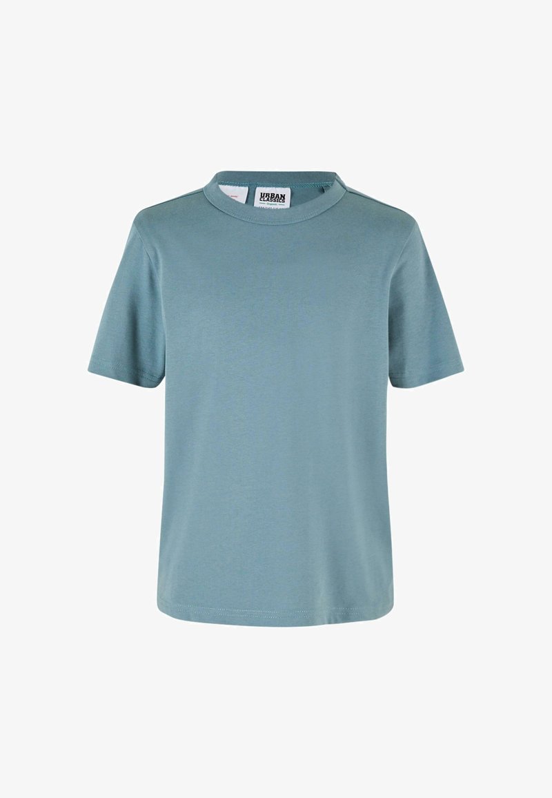 Rövid ujjú póló puha, világoskék pamutból, kerek nyakkal és egyenes aljjal. Minimalista varrásokkal és címkével a gallér belsejében rendelkezik.