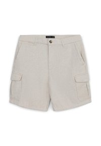 Shorts cargo beige clair en tissu mélangé coton. Comprend deux poches latérales et deux poches cargo avec rabats et fermeture à bouton.
