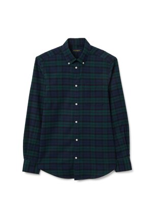 Camicia con bottoni in tessuto di cotone a quadri verde scuro e blu navy, con colletto, maniche lunghe e una tasca sul petto.