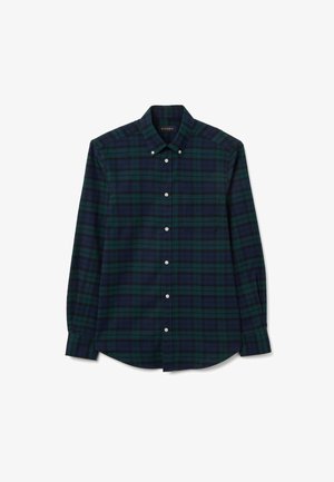 Hemd mit Knopfleiste aus Baumwollstoff in dunkelgrünem und marineblauem Karomuster, mit Kragen, langen Ärmeln und einer einzelnen Brusttasche.