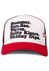 Trucker hat featuring a white front, red bill, and brown mesh back. Text includes "Summer. Sun. Sea. Waves. Salty Kisses. Skinny Dips." in bold black.