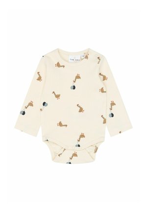 Flødefarvet babybody med lange ærmer dekoreret med små brune ællinger, der holder blå og sorte balloner.