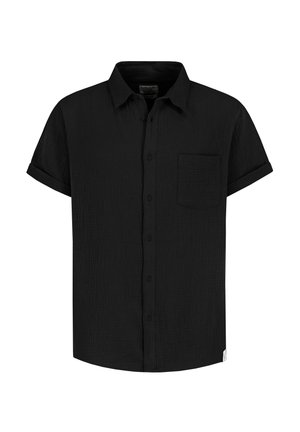 Black short-sleeve button-up shirt with folded cuffs, a left chest pocket, and a classic collar, made from textured fabric.