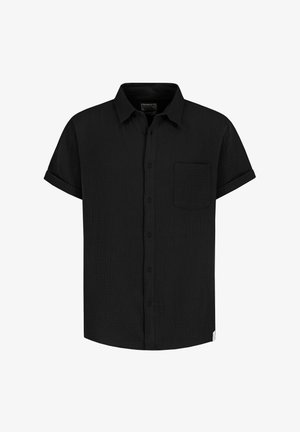 Black short-sleeve button-up shirt with folded cuffs, a left chest pocket, and a classic collar, made from textured fabric.