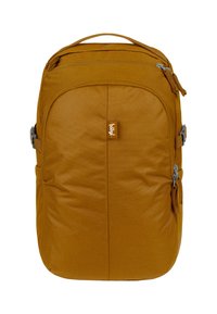 Zaino in tessuto marrone con una parte frontale imbottita, tasche con zip e spallacci laterali regolabili. Presenta un'etichetta con logo discreta sul davanti.