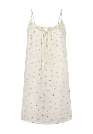 Cremefarbenes ärmelloses Sommerkleid mit dünnen Trägern, kleinem rosa Blumenmuster und einer vorderen Bindetaillierung am Ausschnitt.