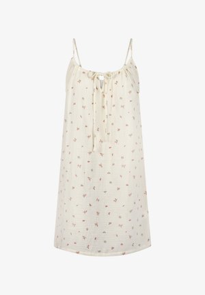 Roomkleurige mouwloze zomerse jurk met dunne bandjes, kleine roze bloemenprint en een strikdetail aan de voorkant bij de halslijn.