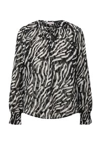Blusa a pois in bianco e nero con tessuto leggero e trasparente, scollatura arricciata e polsini elasticizzati. Presenta linee astratte e macchie.